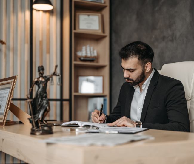 Lawyer at desk reviewing legal documents, symbolizing trusted personal injury lawyers in Mississauga offering client-focused support.