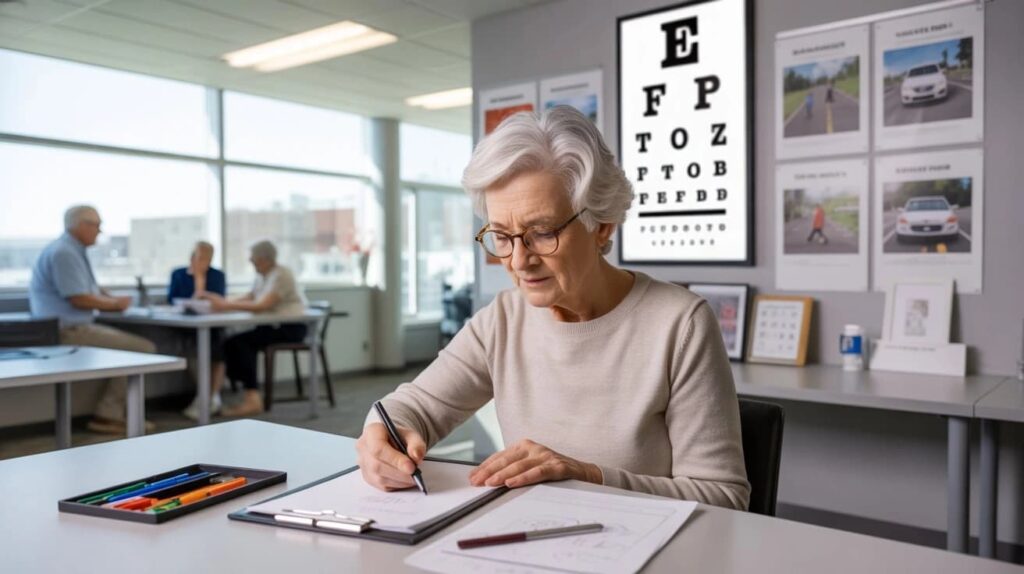 enior driver preparing for vision and cognitive test at ServiceOntario for driver's license renewal in Ontario.