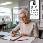 enior driver preparing for vision and cognitive test at ServiceOntario for driver's license renewal in Ontario.