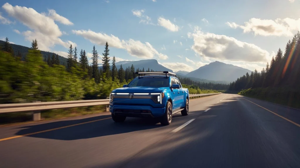A blue electric pickup truck driving on a scenic mountain highway under a bright sky with clouds and pine trees.