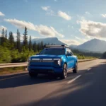 A blue electric pickup truck driving on a scenic mountain highway under a bright sky with clouds and pine trees.