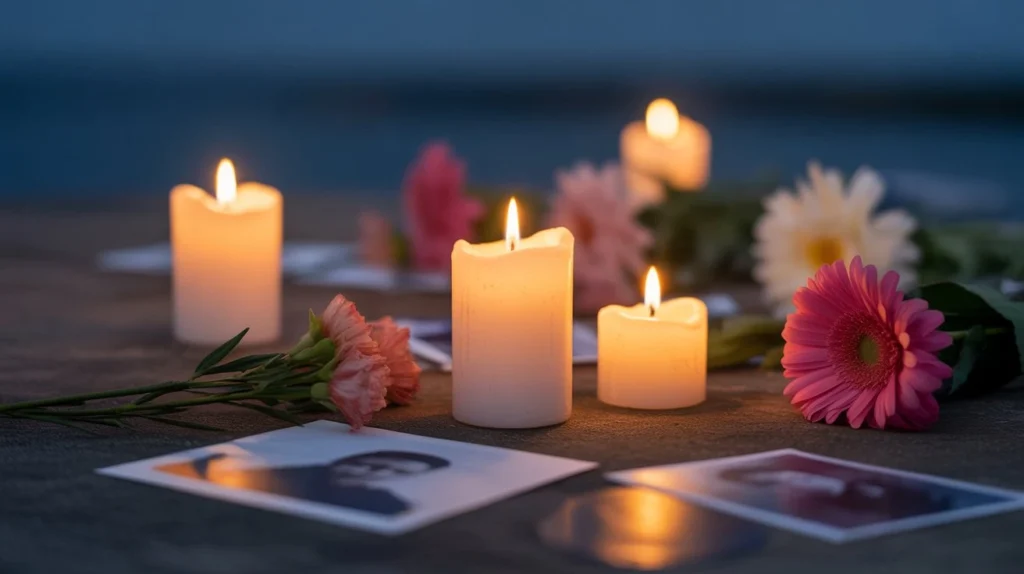 Lit candles surrounded by flowers and photographs at a nighttime vigil.