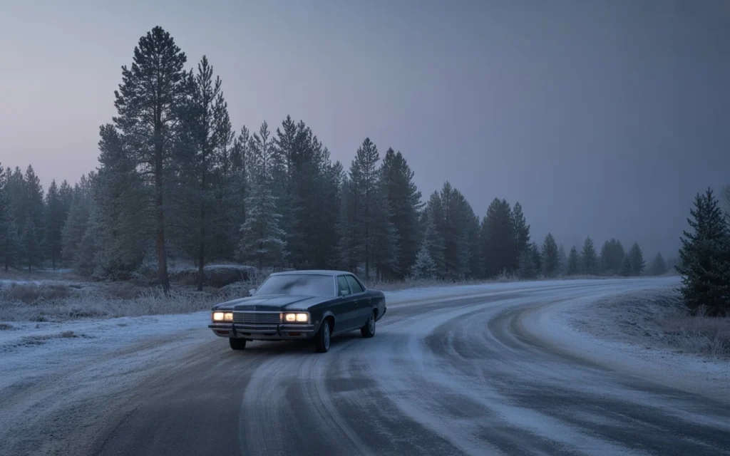 A car with headlights on driving cautiously along a snow-covered curved road surrounded by pine trees at dusk.