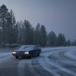 A car with headlights on driving cautiously along a snow-covered curved road surrounded by pine trees at dusk.