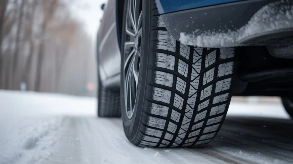 Close-up of a car tire driving on a snowy road, showing tread detail and winter traction.