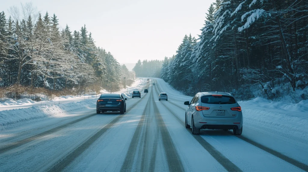 Several cars driving along a snow-covered highway surrounded by trees in a winter landscape.