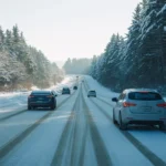 Several cars driving along a snow-covered highway surrounded by trees in a winter landscape.