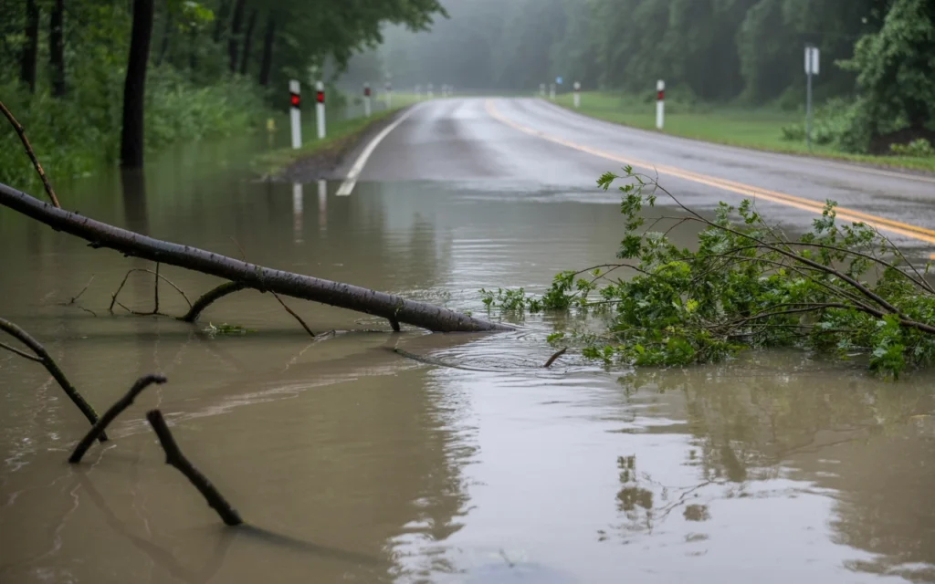 A flooded rural road with a fallen tree partially submerged in water after heavy rain.