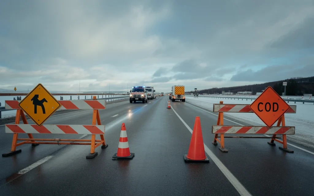 A highway closed with orange traffic cones and barricades, with police and emergency vehicles in the background.