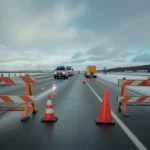 A highway closed with orange traffic cones and barricades, with police and emergency vehicles in the background.