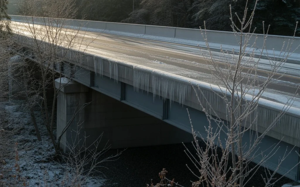 A bridge covered in ice with long icicles hanging from its edge on a cold winter morning.