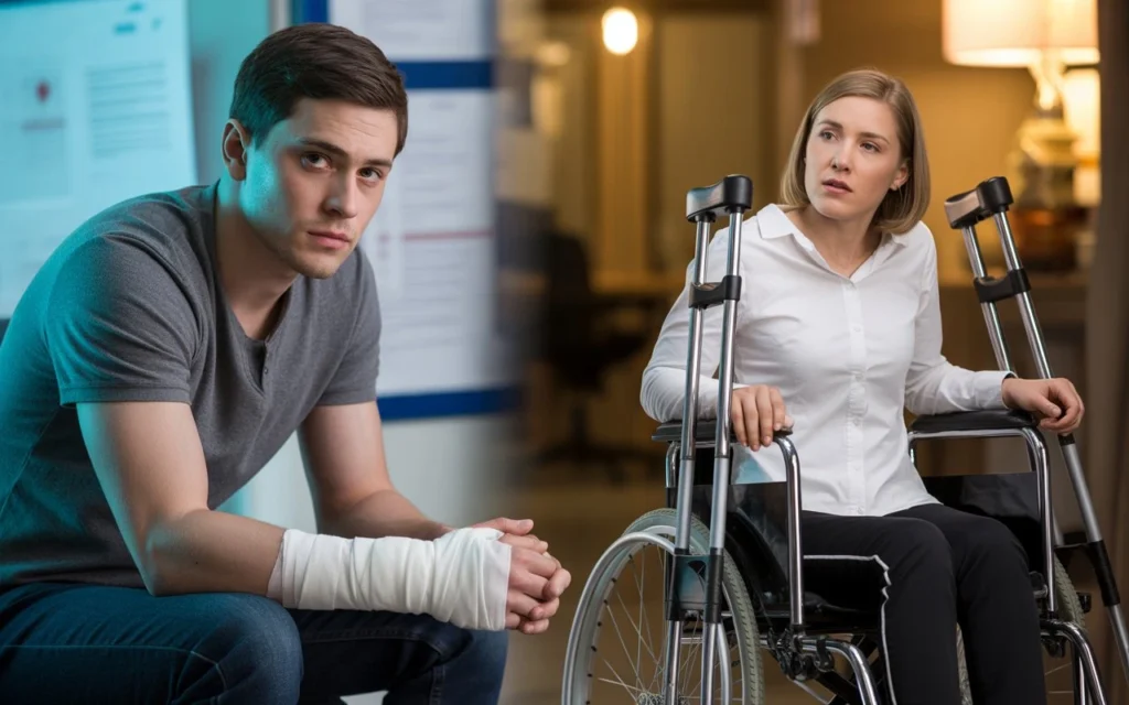 Two injured individuals, one with a bandaged arm and another in a wheelchair with crutches, in a medical environment.