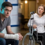 Two injured individuals, one with a bandaged arm and another in a wheelchair with crutches, in a medical environment.
