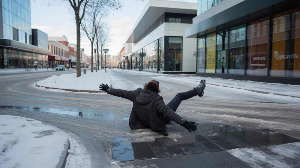 Person slipping on icy sidewalk outside shopping area in Mississauga, Ontario, highlighting winter hazards in urban environments.