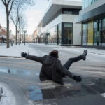 Person slipping on icy sidewalk outside shopping area in Mississauga, Ontario, highlighting winter hazards in urban environments.