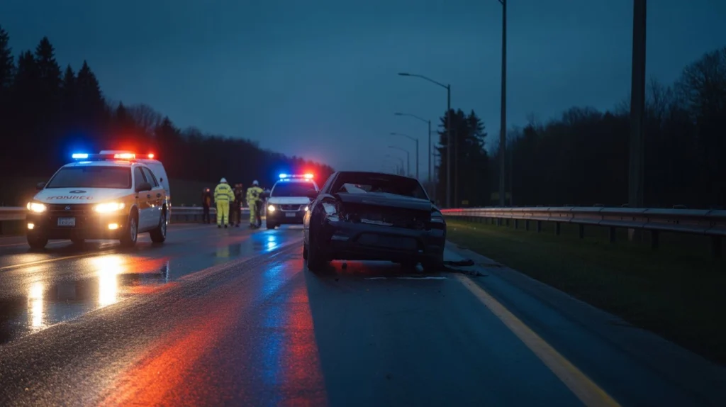Police cars with flashing lights at night near a damaged vehicle on a wet highway.
