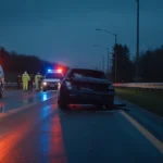 Police cars with flashing lights at night near a damaged vehicle on a wet highway.