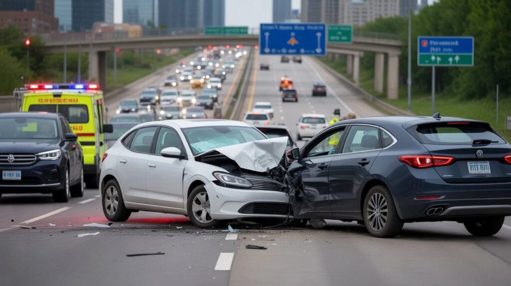 Ontario highway with busy traffic showing aftermath of a car accident involving two vehicles and emergency responders