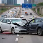 Ontario highway with busy traffic showing aftermath of a car accident involving two vehicles and emergency responders