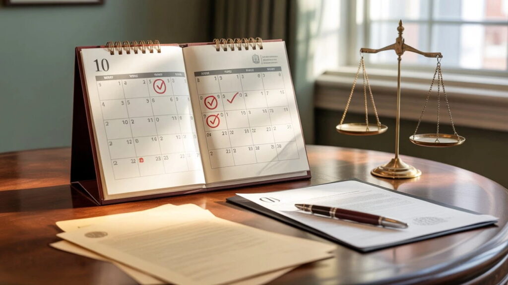 Ontario legal timeline with calendar, legal documents, and scale of justice, illustrating the 2-year claim deadline for slip and fall accidents.
