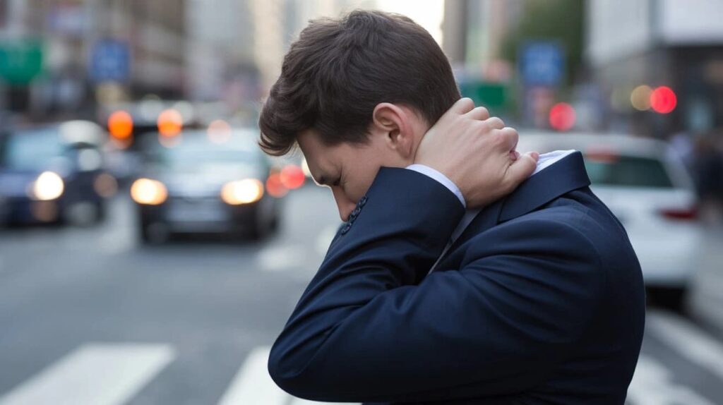 Close-up of a person holding their neck in discomfort, representing the struggle of proving invisible injuries