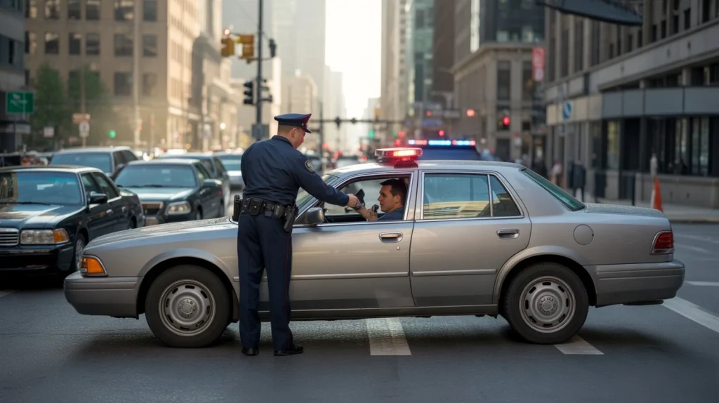 A police officer standing beside a car, speaking to the driver during a traffic stop in a busy city intersection.