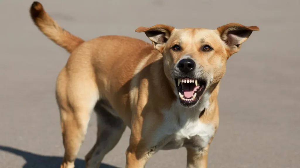 Dog showing signs of aggression with raised tail and stiff posture, warning of potential bite.