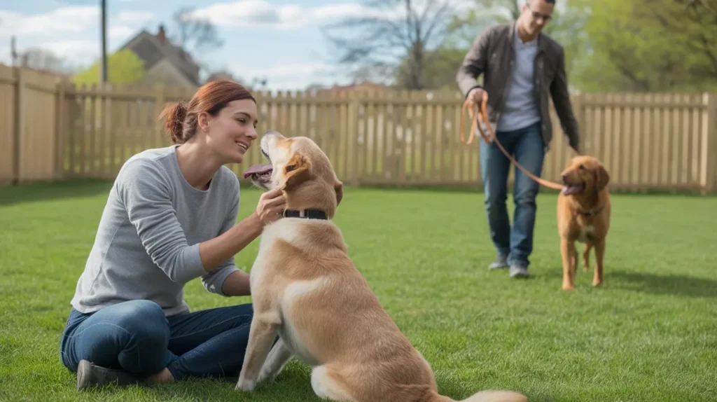Dog owner interacting with their dog in a secure backyard, emphasizing safe pet ownership.