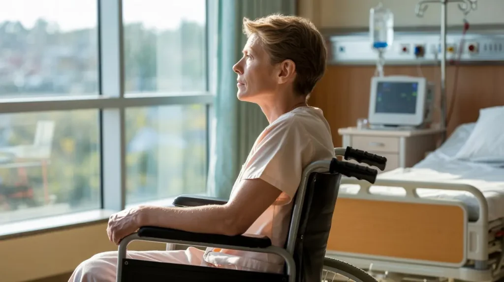 Person in a wheelchair looking out of a hospital window reflecting on their journey after a catastrophic injury.