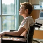 Person in a wheelchair looking out of a hospital window reflecting on their journey after a catastrophic injury.