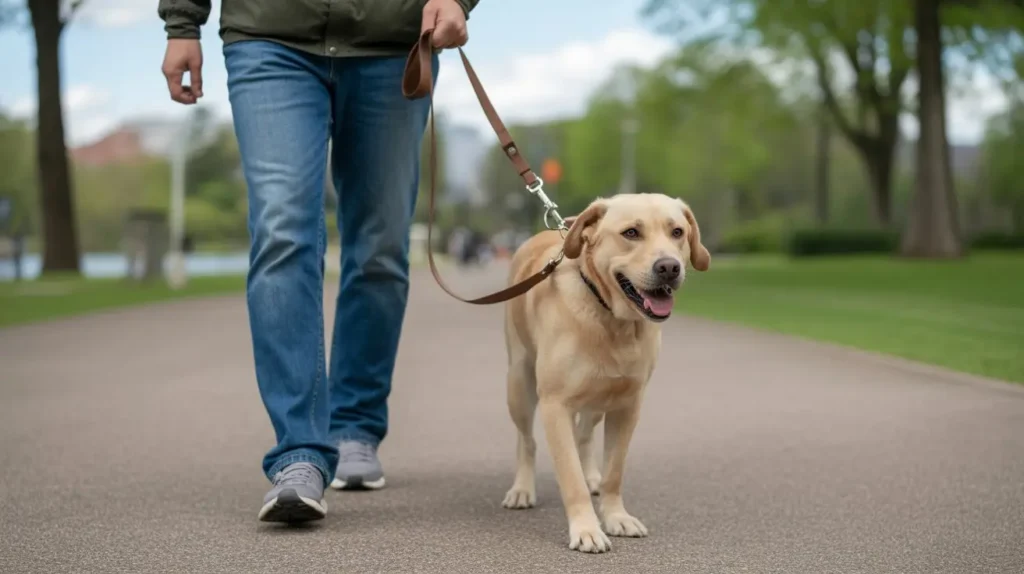 Responsible dog owner walking a calm dog on a leash in a peaceful park setting.