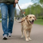 Responsible dog owner walking a calm dog on a leash in a peaceful park setting.