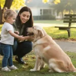 Child being supervised while interacting with a friendly dog to ensure safety and prevent dog bites.