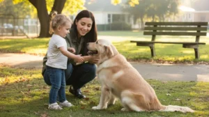 Child being supervised while interacting with a friendly dog to ensure safety and prevent dog bites.