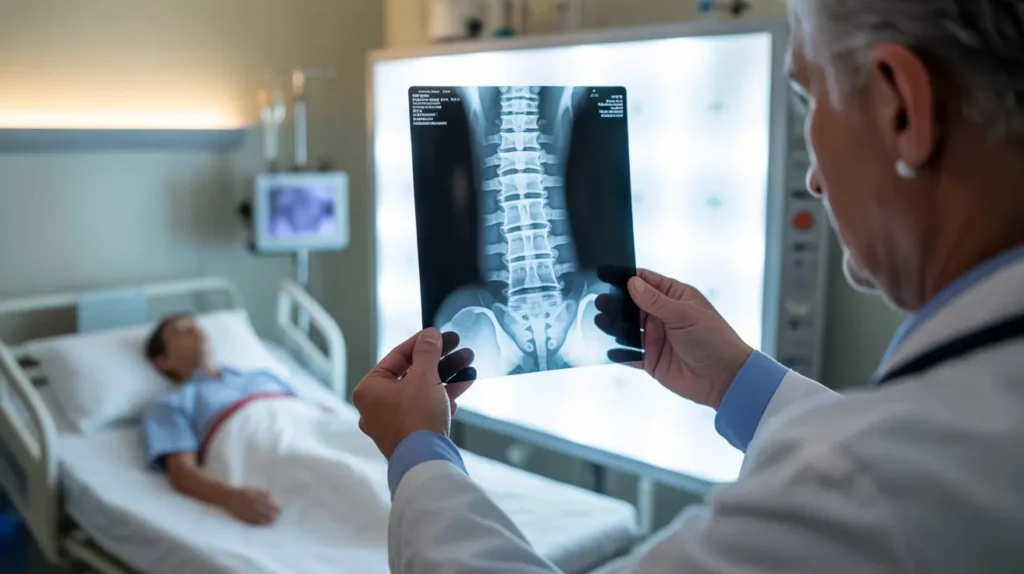 Doctor holding an X-ray of a spine in a hospital room, showing signs of injury and the need for treatment.