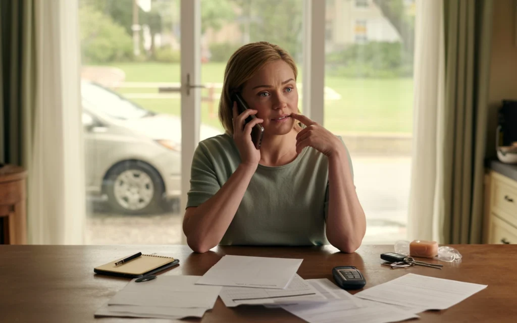 Accident victim speaking with a personal injury lawyer while reviewing insurance and injury related paperwork at home.