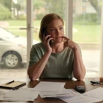 Accident victim speaking with a personal injury lawyer while reviewing insurance and injury related paperwork at home.