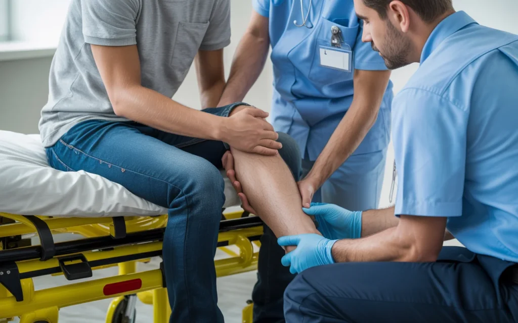 Medical team providing treatment to an injured person with a knee injury in a hospital setting.