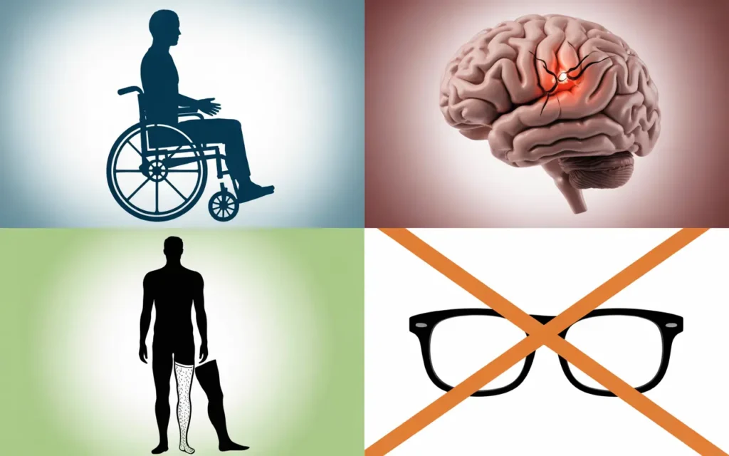 Illustrations representing catastrophic injuries, including brain damage, wheelchair dependence, amputations, and vision loss.