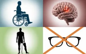 Illustrations representing catastrophic injuries, including brain damage, wheelchair dependence, amputations, and vision loss.