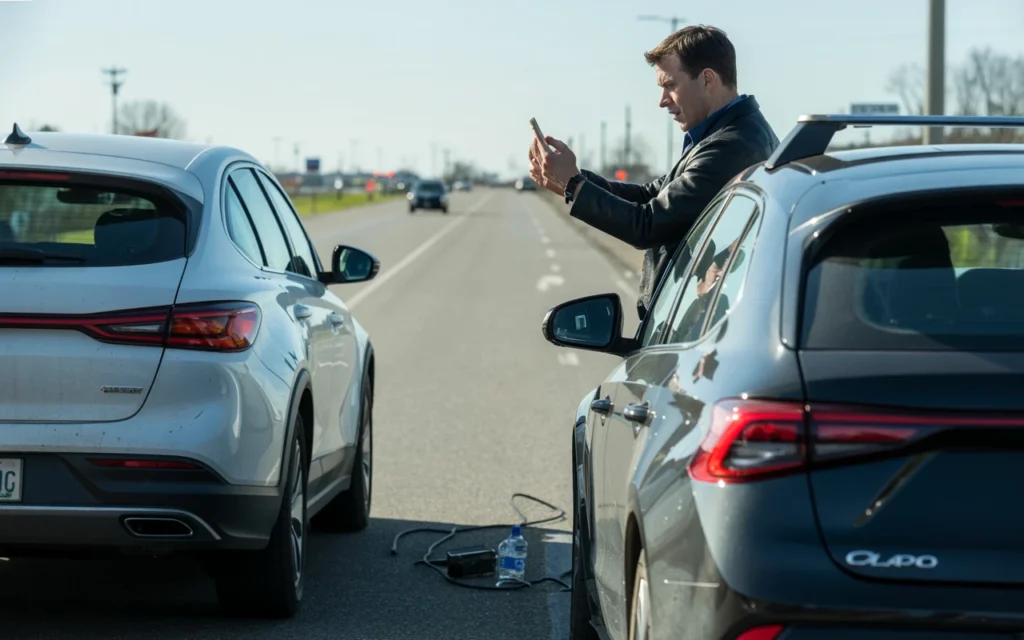 Driver photographing a car accident scene on a public road to gather evidence for a personal injury claim.