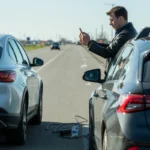 Driver photographing a car accident scene on a public road to gather evidence for a personal injury claim.