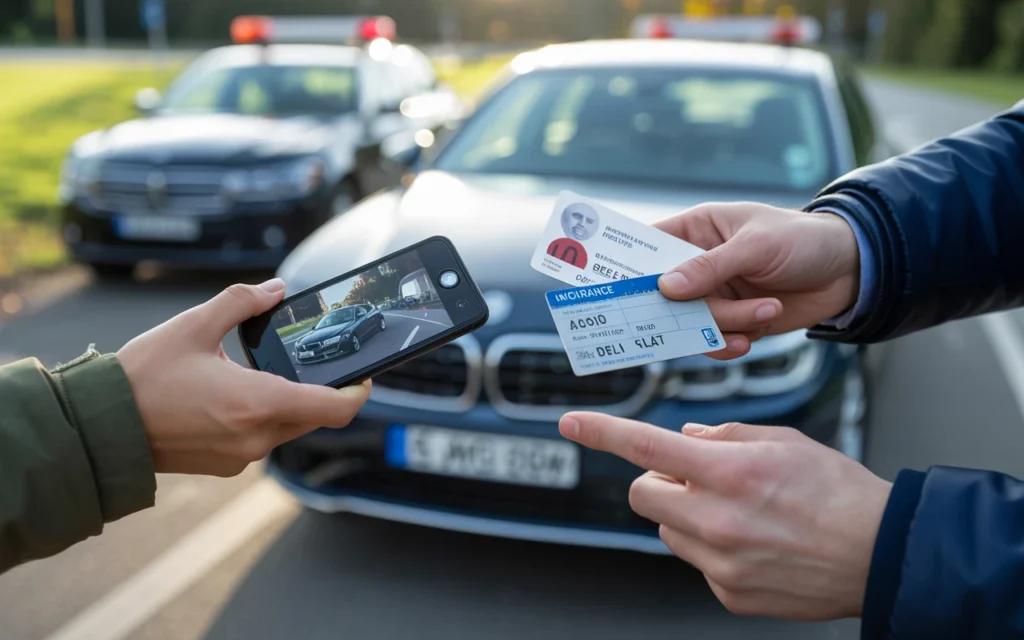 Drivers exchanging insurance and identification details while documenting a car accident scene for an injury claim.
