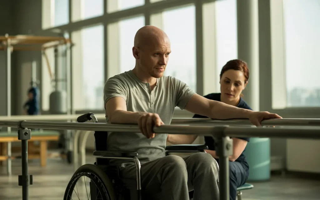 Person undergoing rehabilitation therapy in a wheelchair, with a physiotherapist assisting in their recovery process.