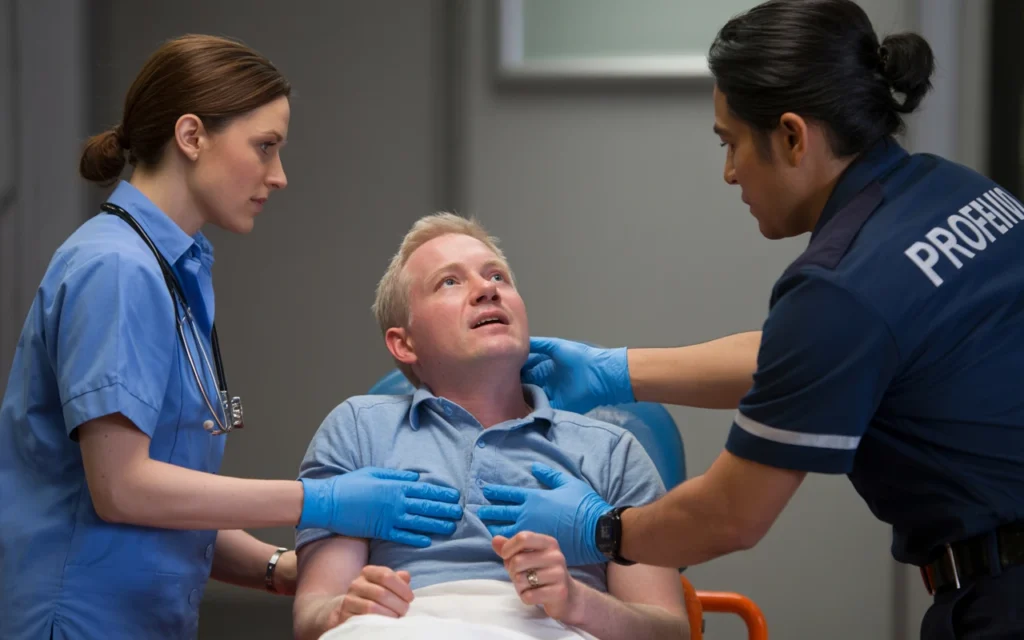 Medical professionals assisting an injured person in a hospital emergency room after a serious injury.