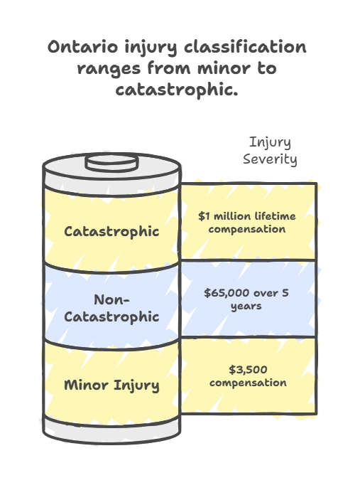 Infographic illustrating Ontario injury classification from minor to catastrophic, with compensation details for each severity level.
