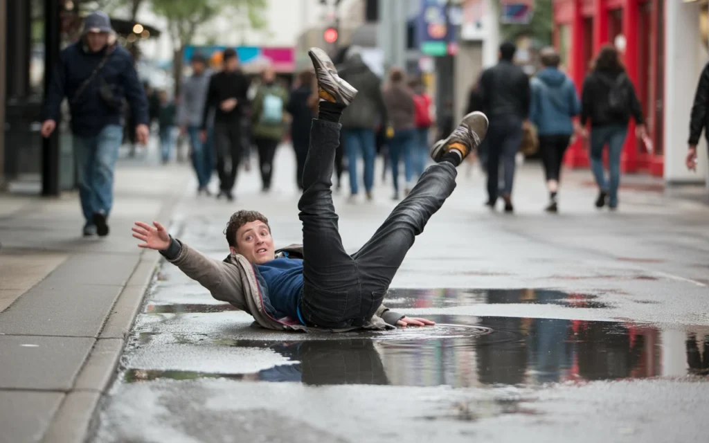 Person slipping and falling in a puddle on a busy city sidewalk, illustrating a slip and fall accident.