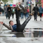 Person slipping and falling in a puddle on a busy city sidewalk, illustrating a slip and fall accident.