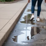 Person walking on a city sidewalk with puddles, highlighting a slip and fall risk due to wet surfaces.