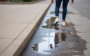 Person walking on a city sidewalk with puddles, highlighting a slip and fall risk due to wet surfaces.